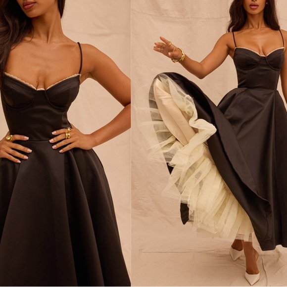 House of CB 'Mademoiselle' Black Satin Tulle Midi Dress NWOT - Picture 5 of 11